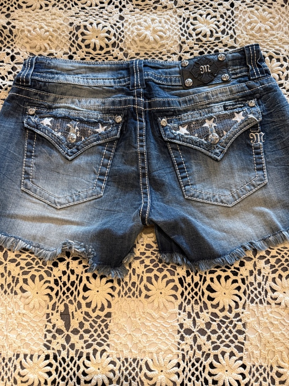 Miss Me Blue and Red Sequin American Flag Jean Shorts - Picture 2 of 5